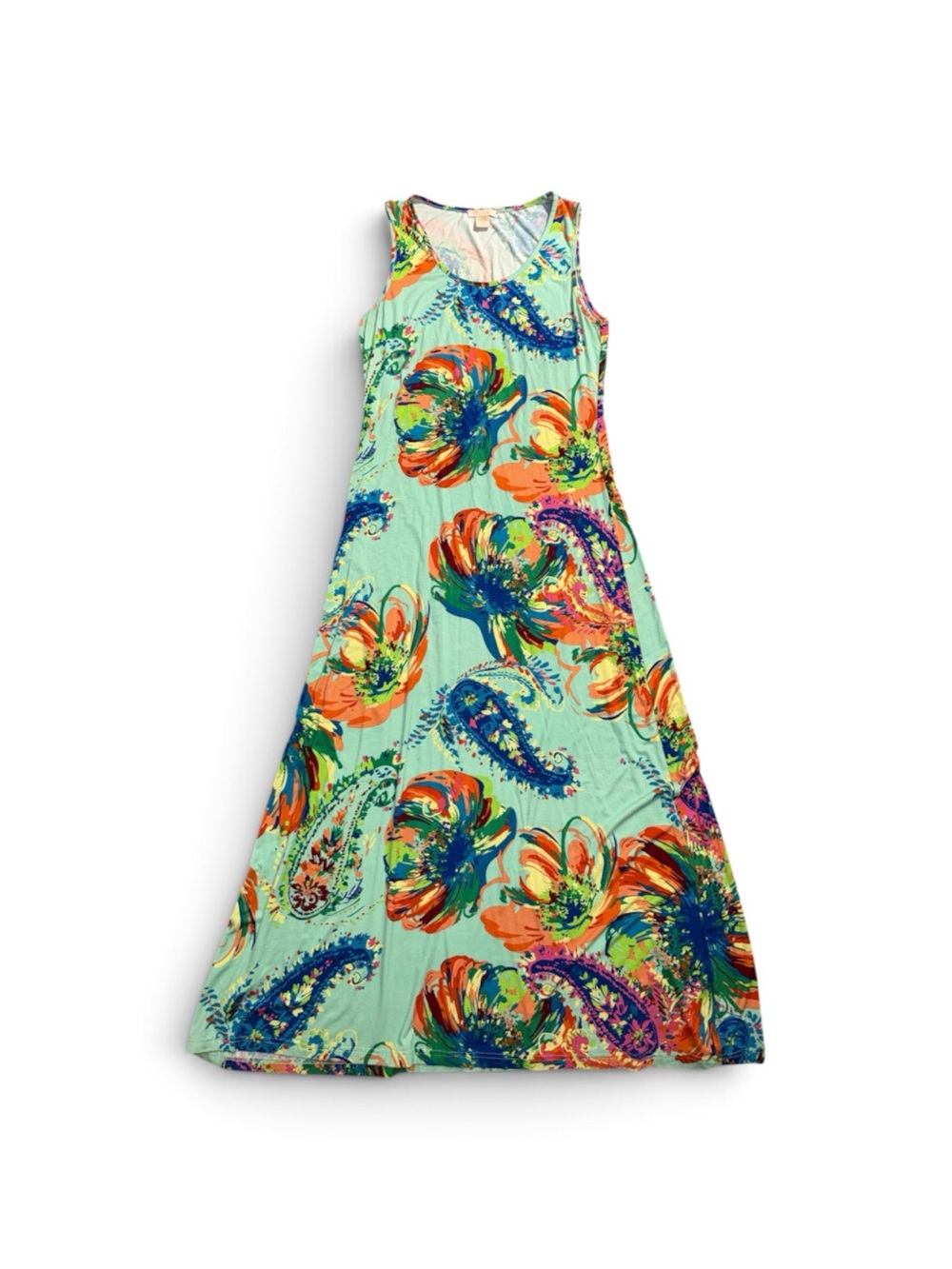 Klozlyne Small Aqua Floral Paisley Maxi Sleeveless Dress